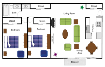 Floor plan for 2 beds, 1 bath, 1012 sqft